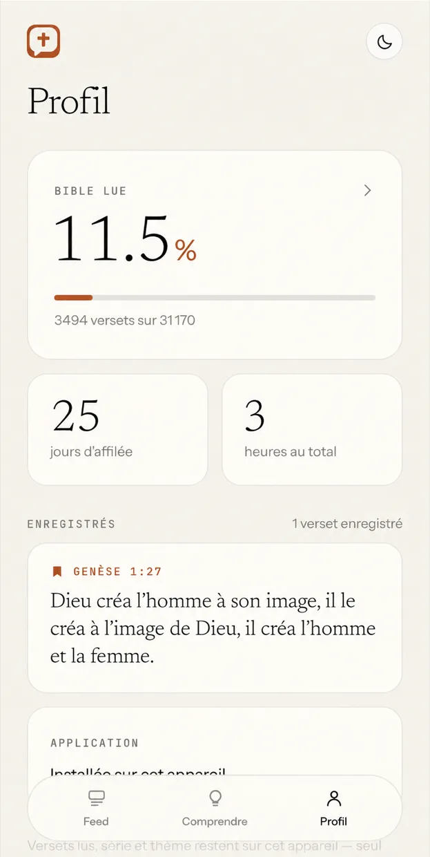 Le suivi de progression : pourcentage de Bible lue, jours d'affilée